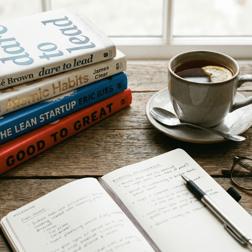 business books (like "Dare to Lead") next to a cup of tea and a notebook.