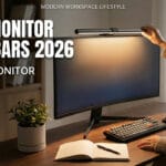 A modern home office workspace featuring the Quntis Monitor Light Bar PRO+, showing a user adjusting the glare-free lighting on a monitor, highlighting the best rational choice for eye care and desk setup in 2026.