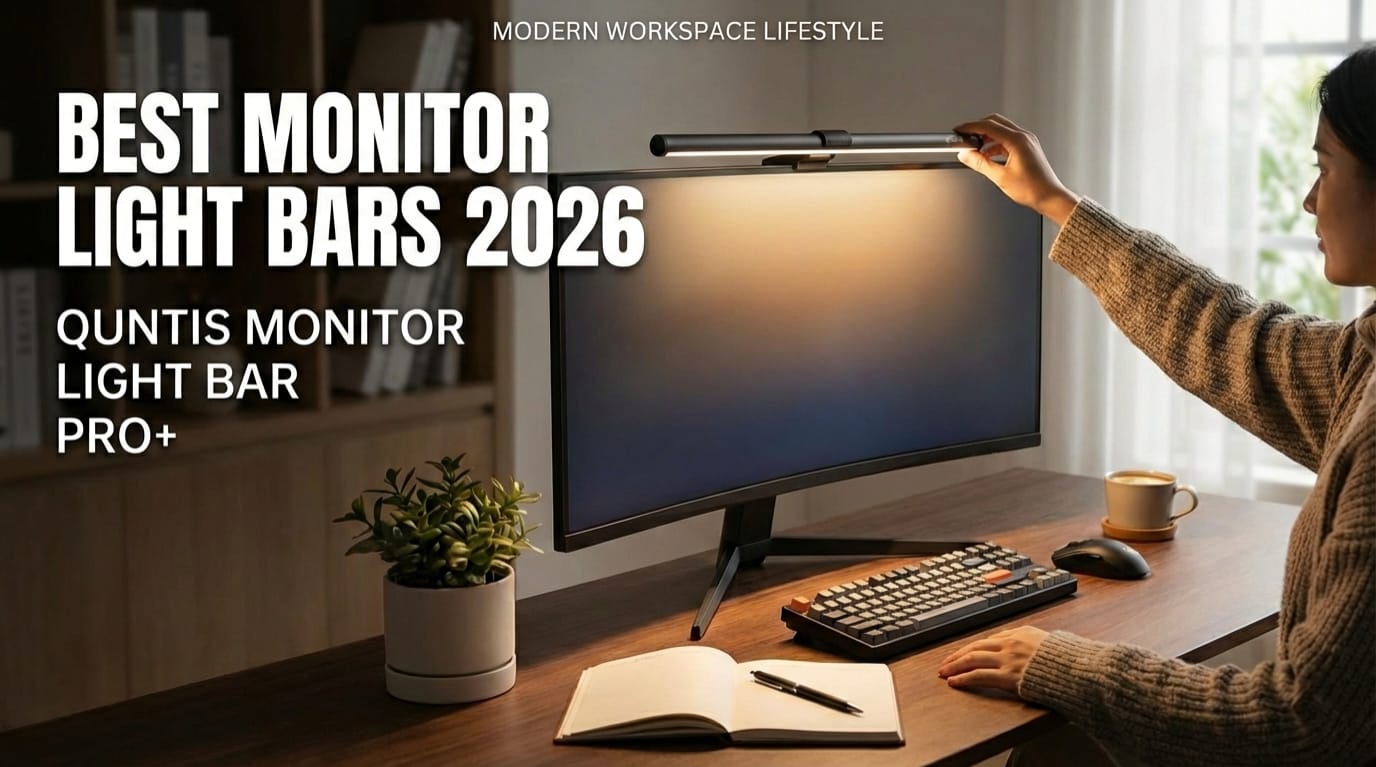A modern home office workspace featuring the Quntis Monitor Light Bar PRO+, showing a user adjusting the glare-free lighting on a monitor, highlighting the best rational choice for eye care and desk setup in 2026.