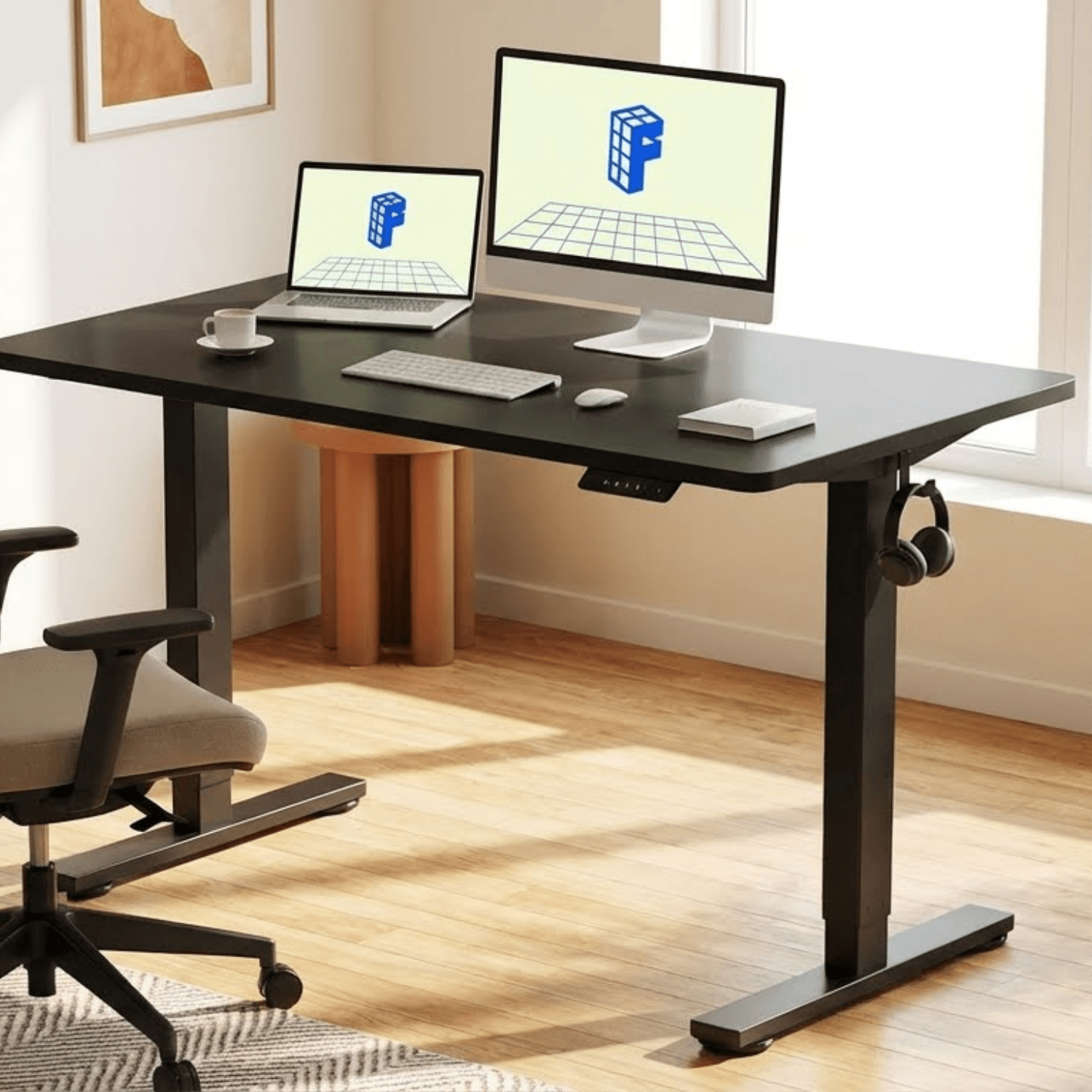 Modern minimalist home office workspace setup with FlexiSpot EN1 standing desk