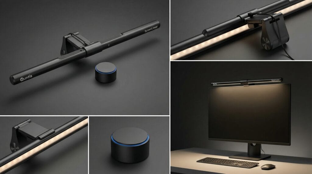 Detailed studio collage of the Quntis Monitor Light Bar PRO+, featuring close-ups of the wireless remote control dial, the weighted clip mechanism, and a glare-free home office lighting setup