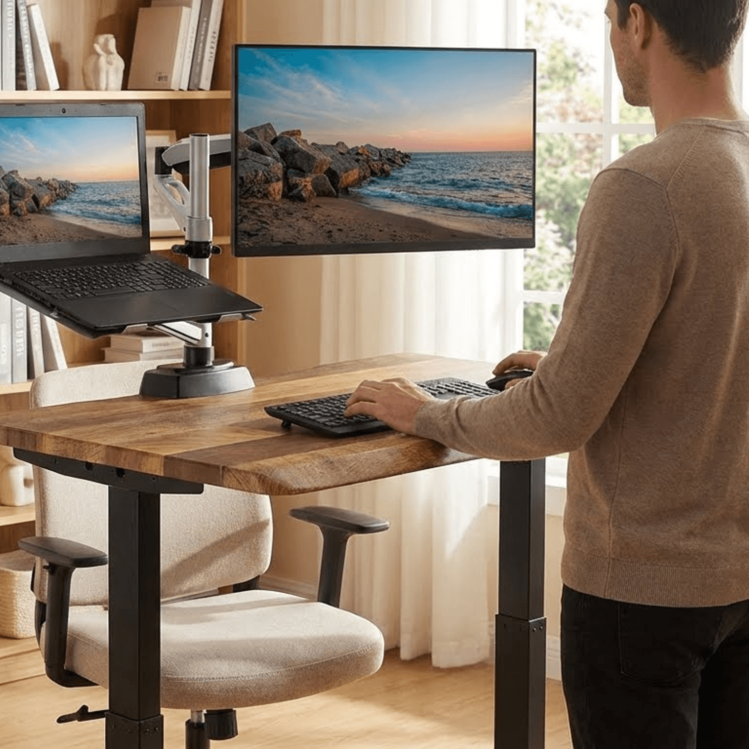 Premium compact home office workspace with Vari ComfortEdge standing desk in reclaimed wood finish