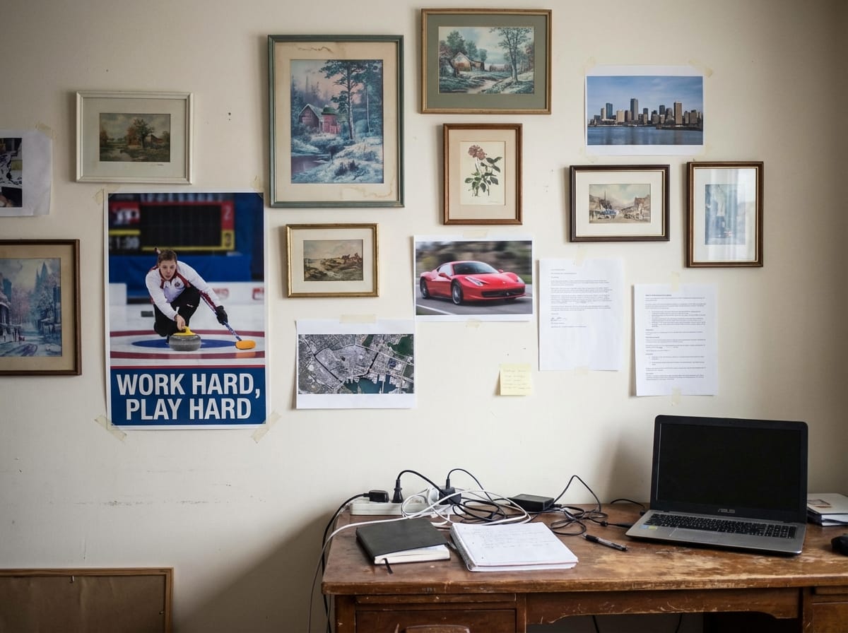 A sleek 2026 modern home office setup showcasing the ultimate workspace aesthetic trend: a large custom milestone wall art canvas hanging above a minimalist desk, replacing generic stock art with personalized solopreneur achievements.