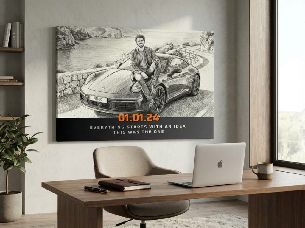 A modern, sunlit home office desk setup with a laptop, coffee, and plants. On the wall hangs a custom pencil sketch canvas art print depicting a business milestone achievement, used as a Law of Attraction manifestation tool for solopreneurs.