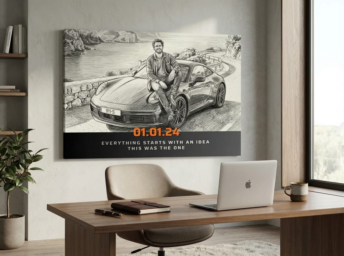 A modern, sunlit home office desk setup with a laptop, coffee, and plants. On the wall hangs a custom pencil sketch canvas art print depicting a business milestone achievement, used as a Law of Attraction manifestation tool for solopreneurs.