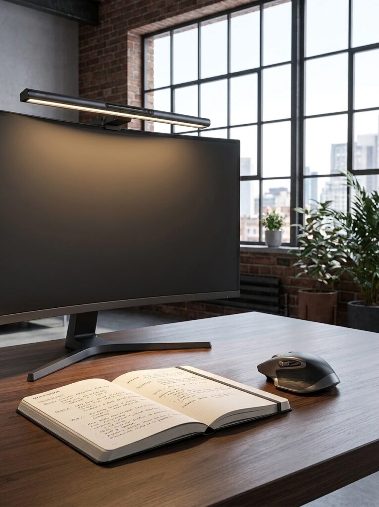 Shop The Look: Biến Góc Chạy Deadline Thành "Studio Thu Nhỏ" Đậm Chất Tạp Chí Desk Setup With Monitor Light 202607181107 765x1024