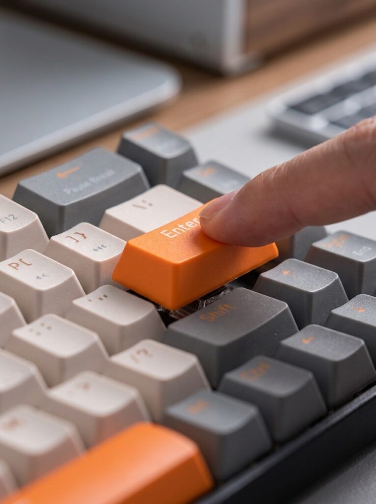 Shop The Look: Biến Góc Chạy Deadline Thành "Studio Thu Nhỏ" Đậm Chất Tạp Chí Finger Pressing Orange Key 202607181118 765x1024