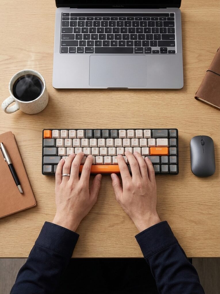 Shop The Look: Biến Góc Chạy Deadline Thành "Studio Thu Nhỏ" Đậm Chất Tạp Chí Hands On Mechanical Keyboard 202607181121 765x1024