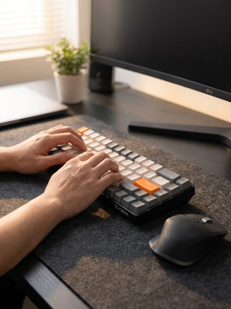 Shop The Look: Biến Góc Chạy Deadline Thành "Studio Thu Nhỏ" Đậm Chất Tạp Chí Hands Typing On Mechanical Keyboard 202607181118 765x1024